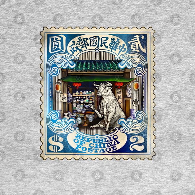 Bull in China Stamp by Marike Korting Art